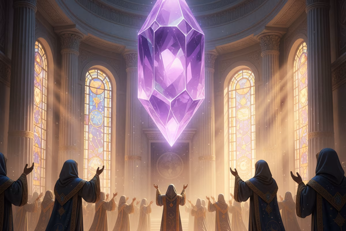 The Keepers of Aerwyn revering the Great Crystal at dawn.