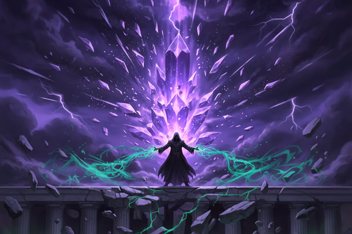 Morgath Vorn shattering the Crystal Veil with emerald magic.