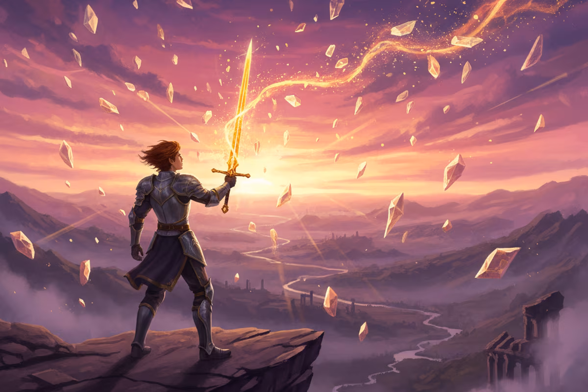 Kael Veyren standing on the cliffs at dawn with the first restored shards in the sky.